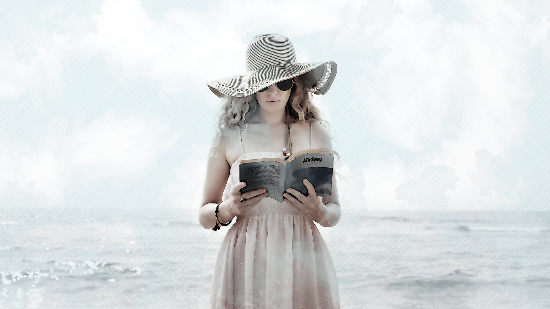 Beach Reading Woman in Watercolor Style